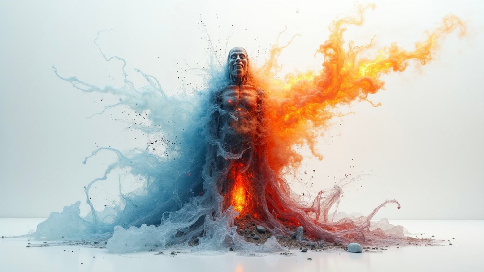 Elemental Transformation Water and Fire in a Surreal Portrait